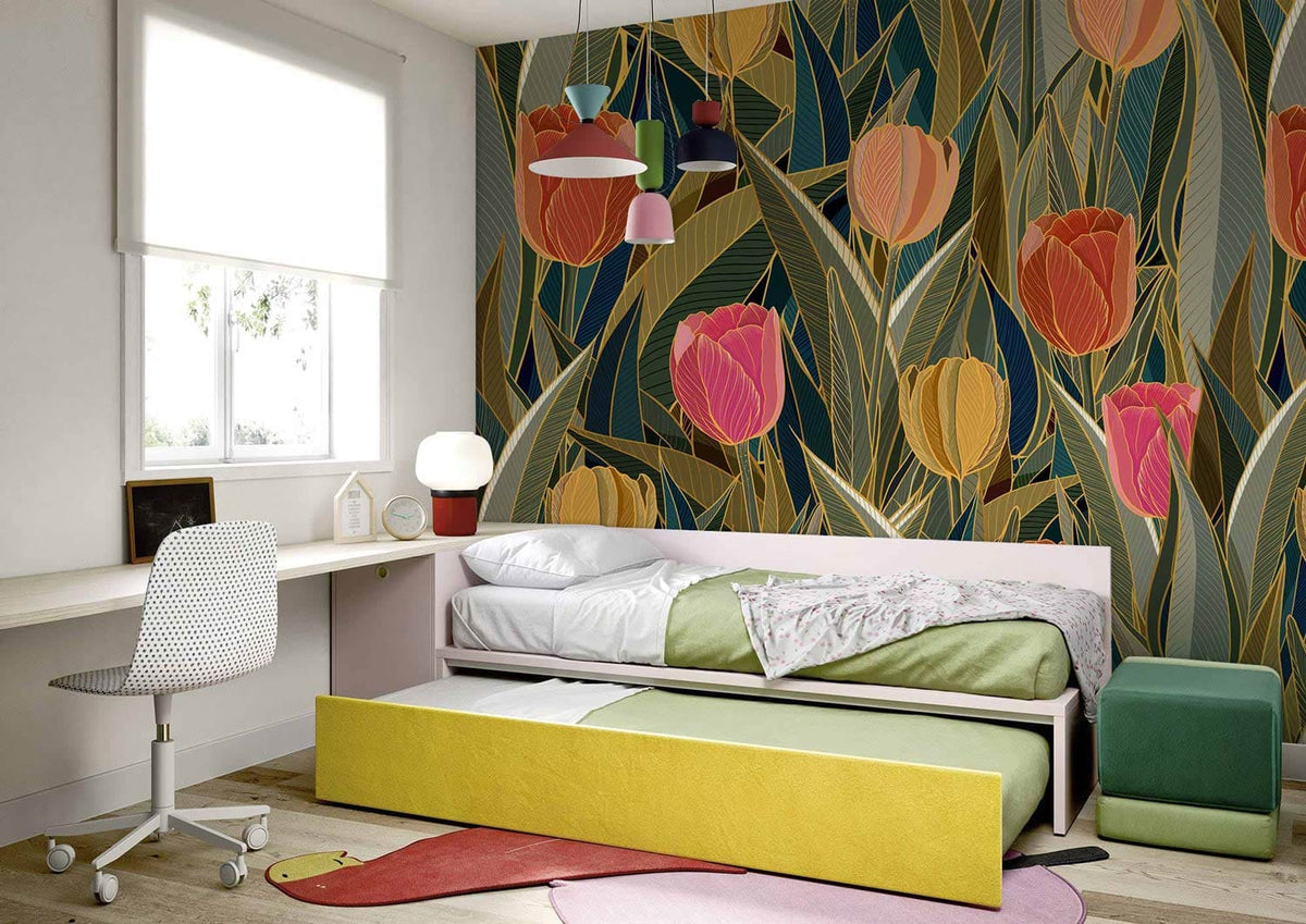 Vintage floral tulip wallpaper decor in children's room with trundle bed, desk chair, wooden flooring.