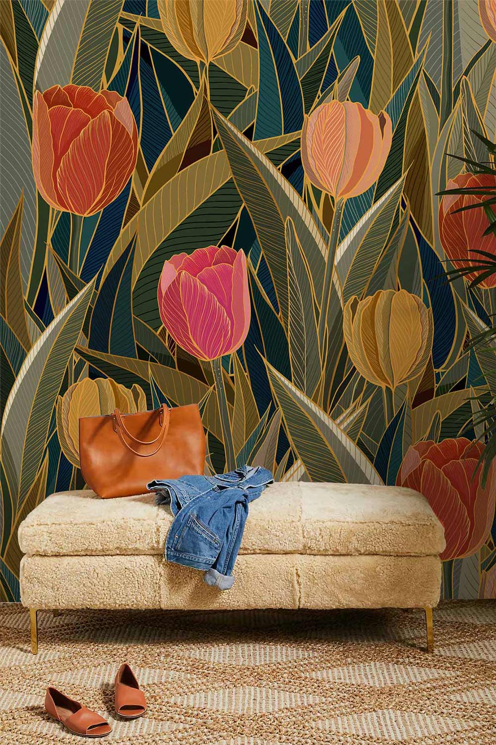 Vintage floral tulip wallpaper, earthy hues, textured beige sofa, cosy room, woven flooring, leather bag.