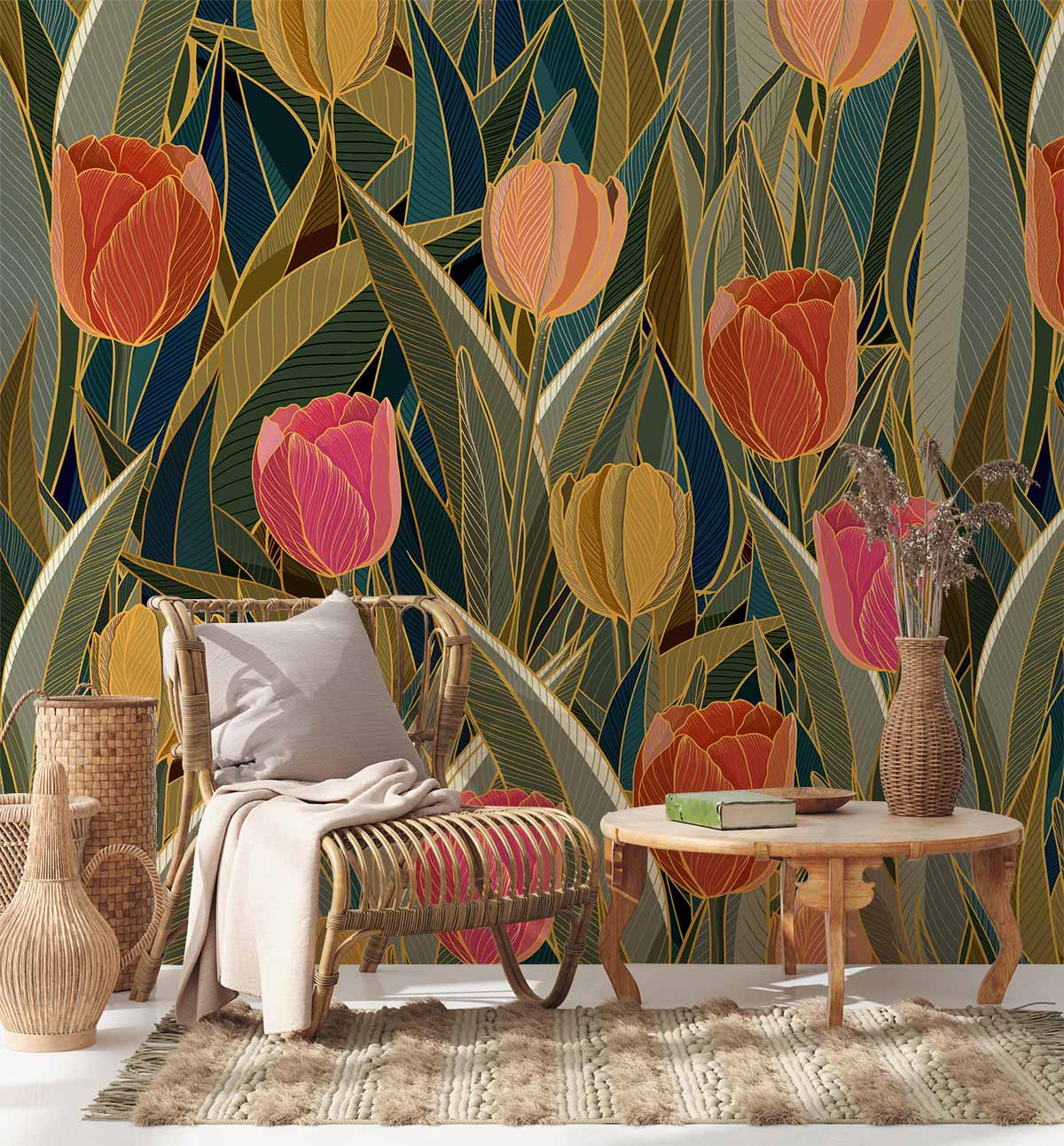 Vintage floral tulip wallpaper with earthy hues, wicker chair, neutral rug, wooden table in living room.