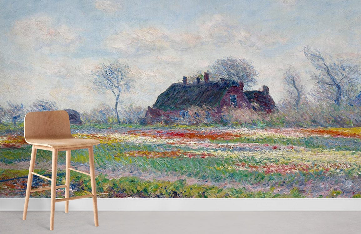 Impressionist mural wallpaper with countryside scene, light wooden chair, in contemporary living room setting.