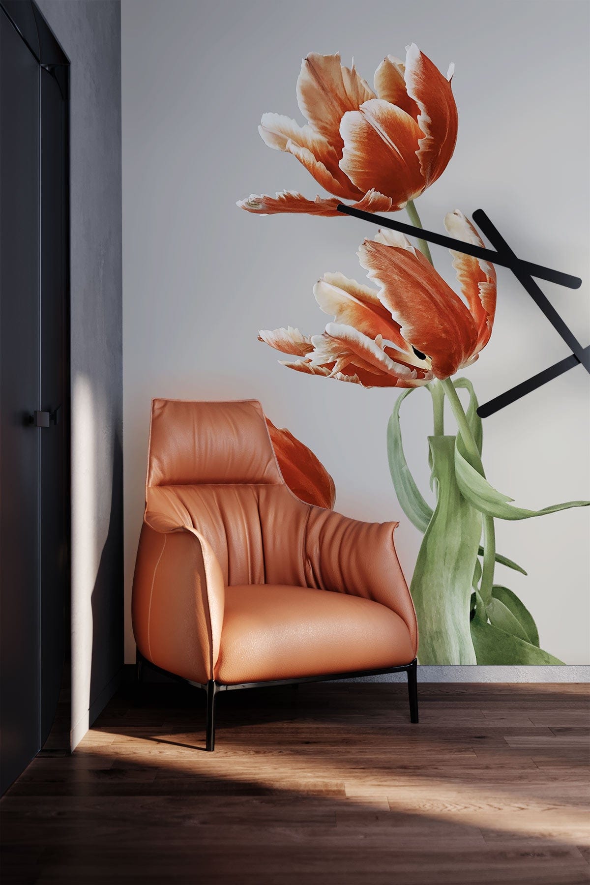 Elegant Vintage Tulip wallpaper in soft orange, modern orange armchair, wooden flooring, contemporary room.