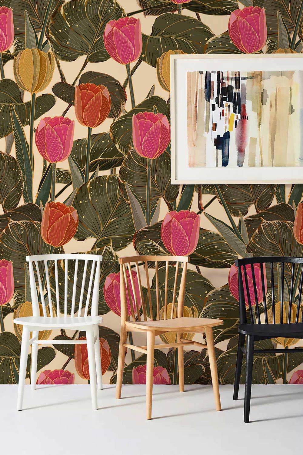 Vintage Botanical Tulip Wallpaper, colourful abstract art, white, wooden, and black chairs, minimalist room.