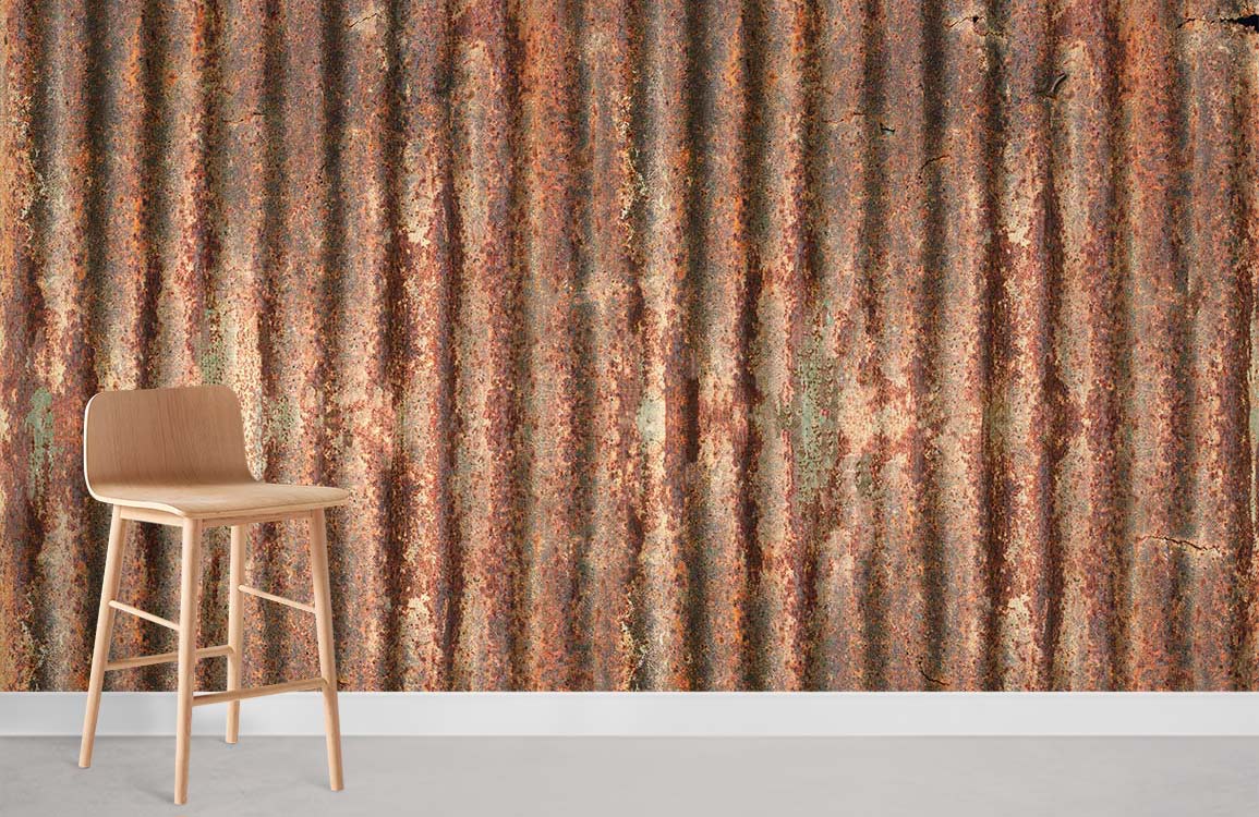 Vintage Corrugated Iron Rust Effect Wallpaper in industrial style room with wooden chair and grey floor.