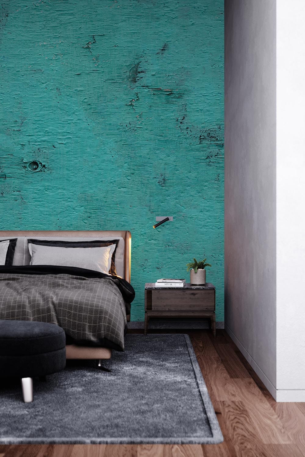Vintage teal wallpaper with distressed texture, complementing modern bedroom decor, grey rug, wooden flooring.