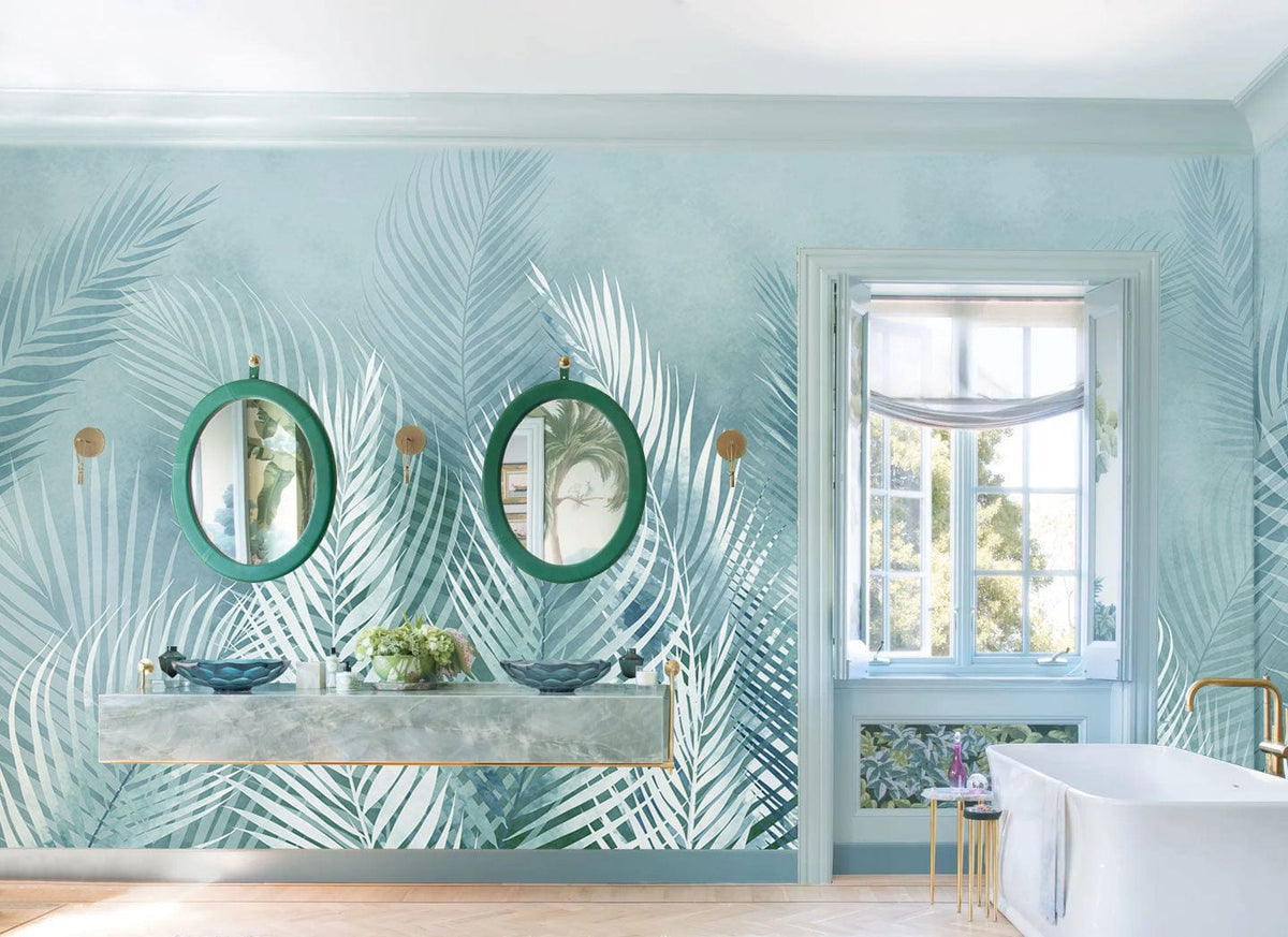 Elegant Aqua Fern Leaves wallpaper in modern bathroom with mirrors, floating vanity, and white bathtub.