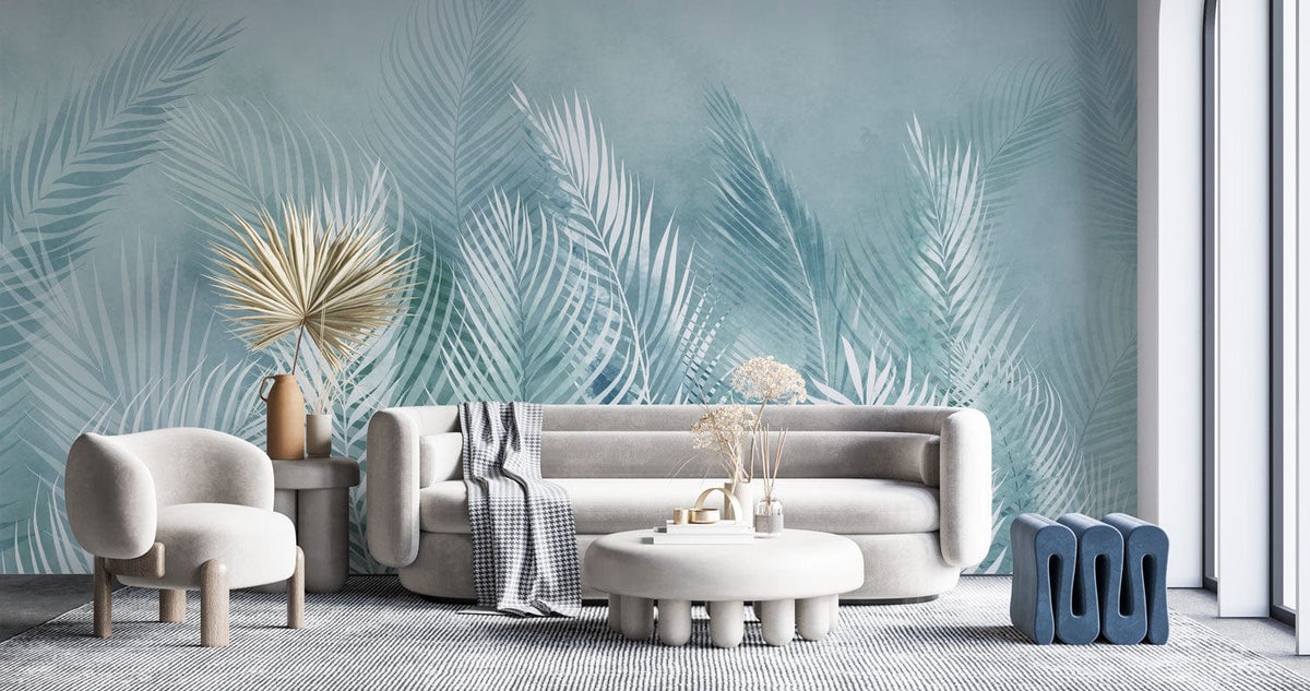 Elegant Aqua Fern Leaves Tropical Mural Wallpaper; cosy beige sofa, neutral rug in modern living room.