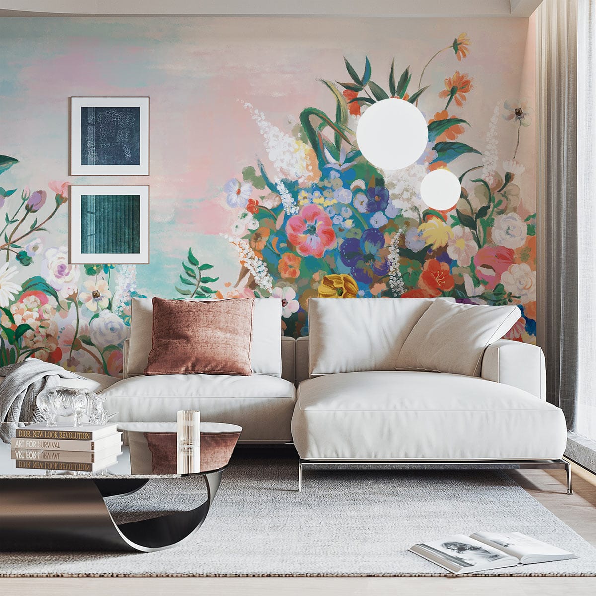 Elegant pastel floral garden mural wallpaper in modern living room with white sofa and stylish flooring.