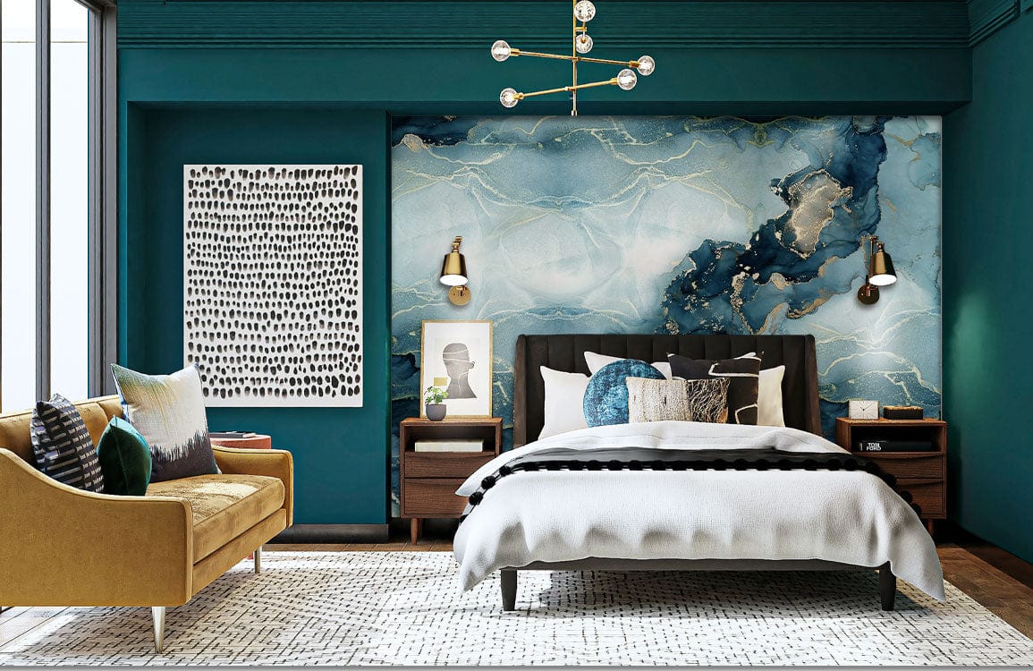 Elegant Blue and Gold Marble Effect Mural Wallpaper - Luxurious ...