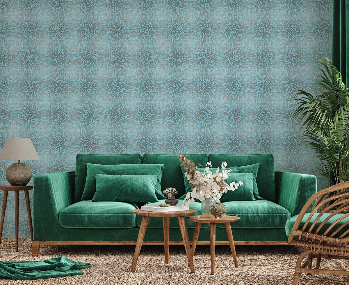 Elegant teal textured wallpaper, abstract design, green velvet sofa, natural wood flooring, living room decor.