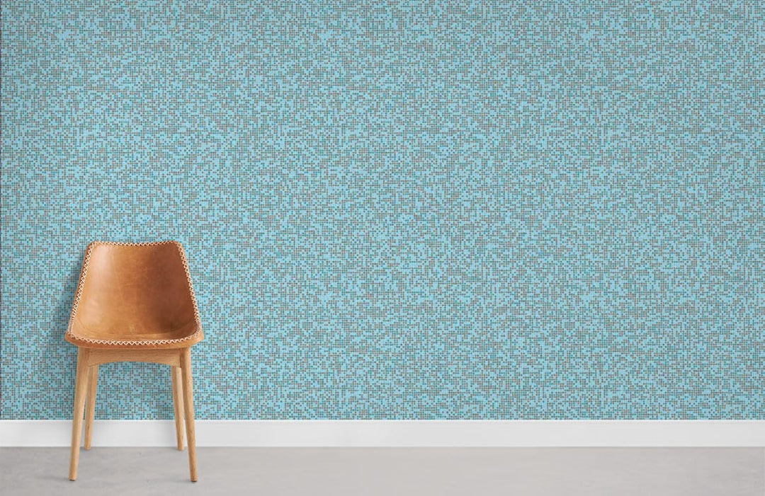 Elegant teal textured wallpaper with abstract design, brown chair, concrete flooring, wall art setting.