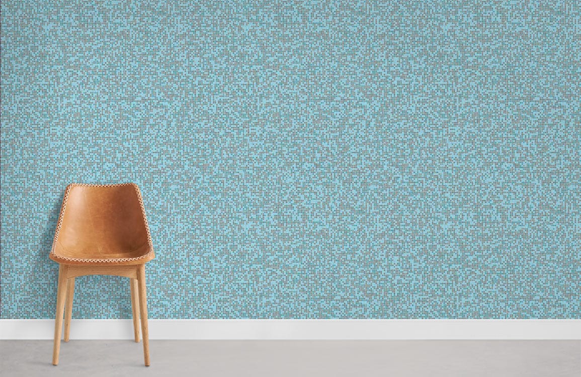 Elegant teal textured wallpaper with abstract design, brown chair, concrete flooring, wall art setting.