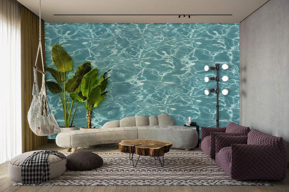 Tranquil Aqua Water Ripple Effect Wallpaper in serene living room with grey sofa, wooden coffee table.