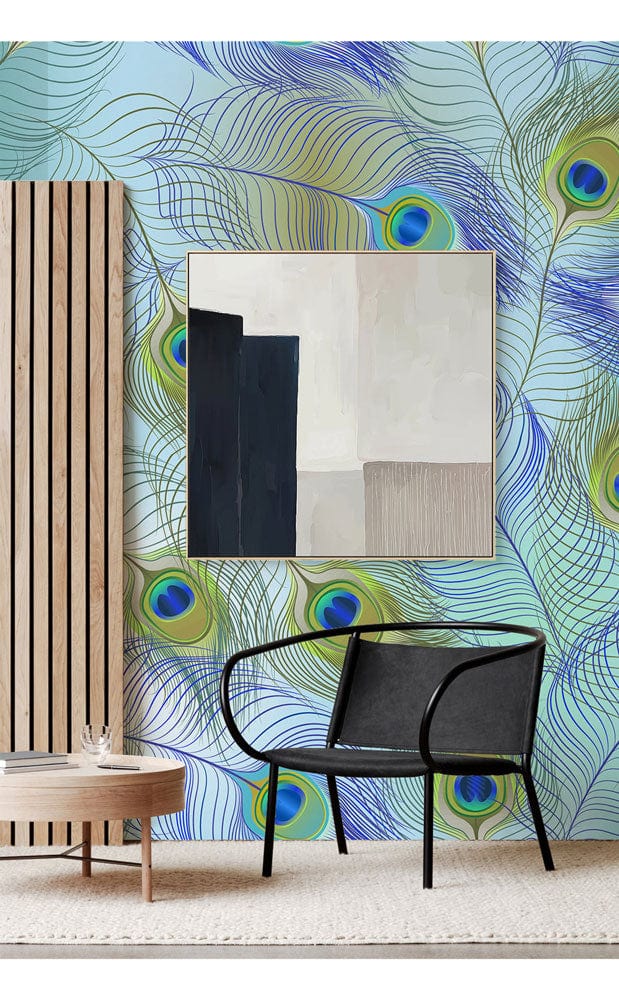 Elegant Blue and Green Peacock Feather Wallpaper with black chair, wood accent and modern mirror.