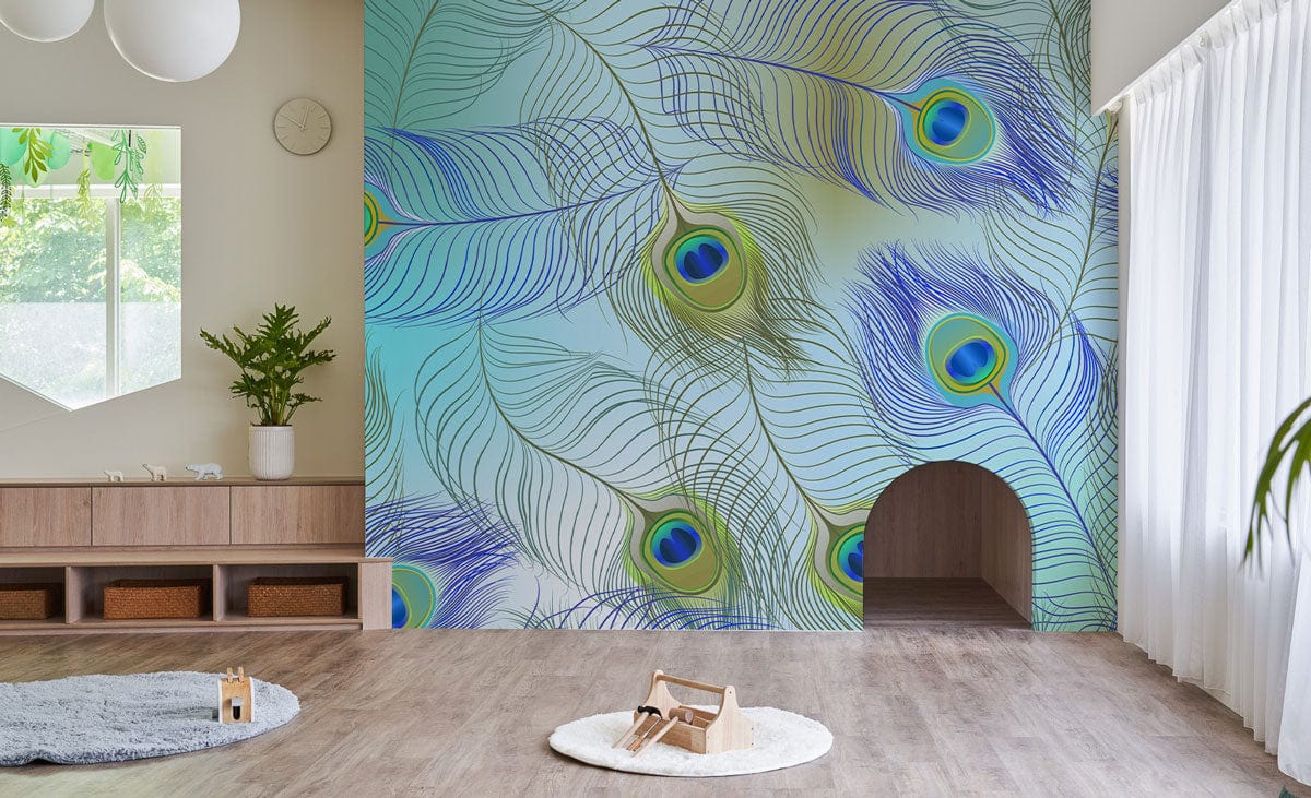 Elegant peacock feather mural wallpaper in a modern living room with wooden flooring and minimal decor.