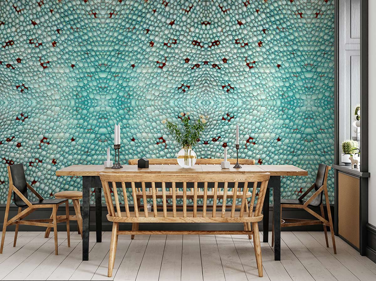 Aqua Mosaic Textured Wallpaper in dining room with wooden table, chairs, teal tones, elegant design.