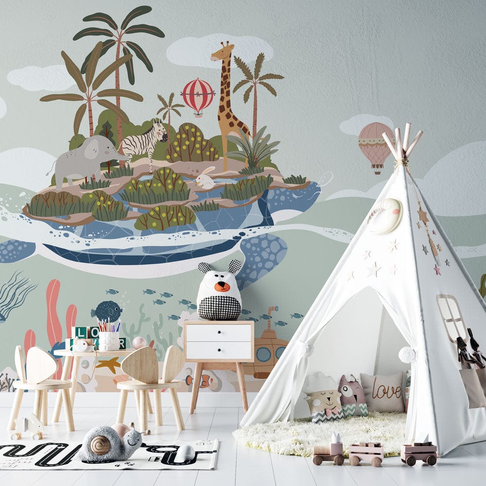 Kids' room with whimsical wildlife nautical wallpaper, pastel colours, teepee tent, wooden chairs, white dresser.