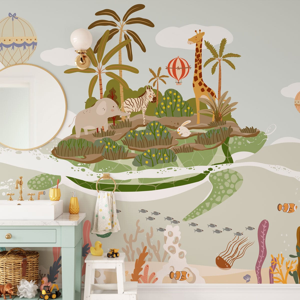 Whimsical safari mural wallpaper with colourful jungle animals in children's bathroom, pastel decor elements.