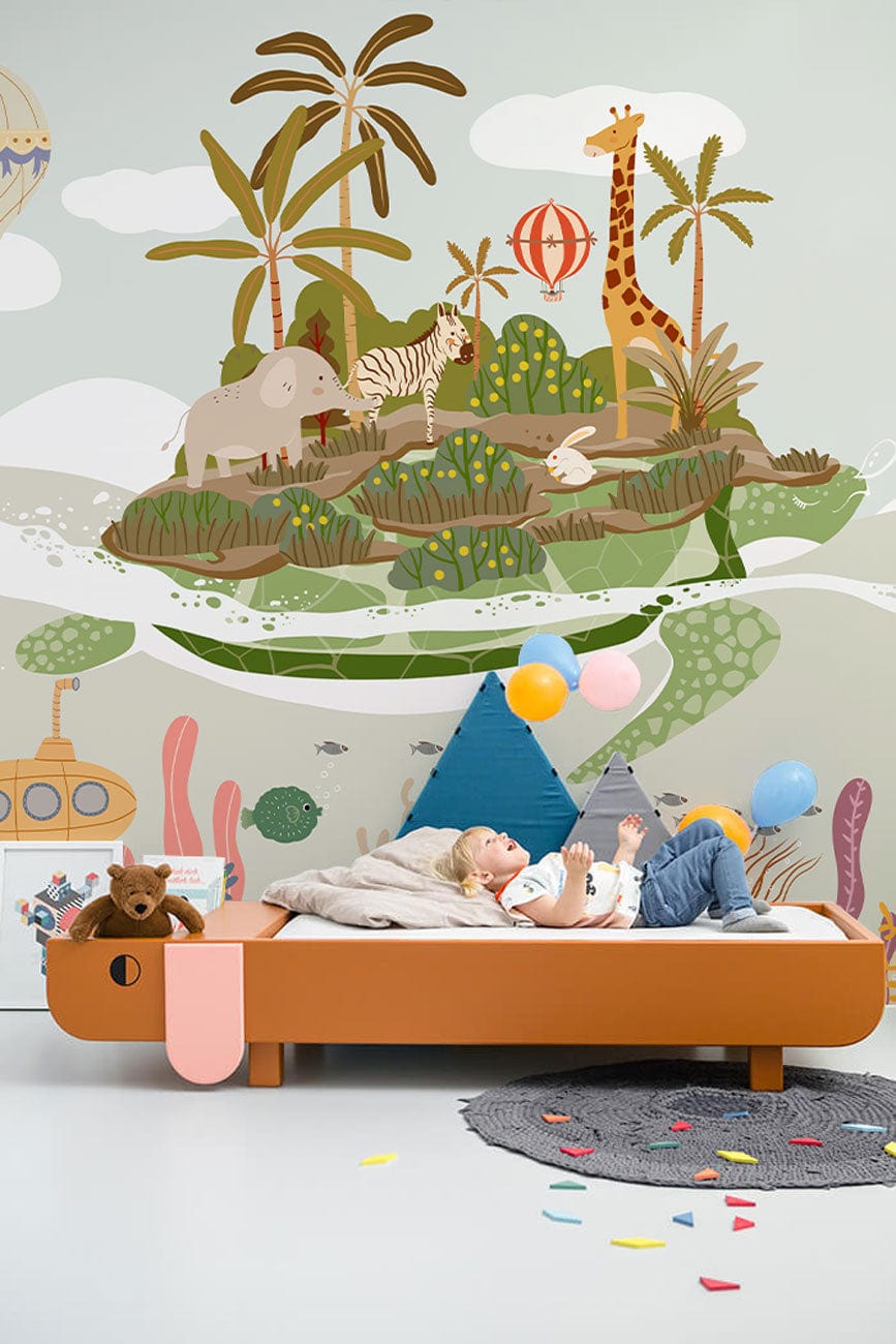 Whimsical safari mural wallpaper in children's room with orange bed and textured grey rug.