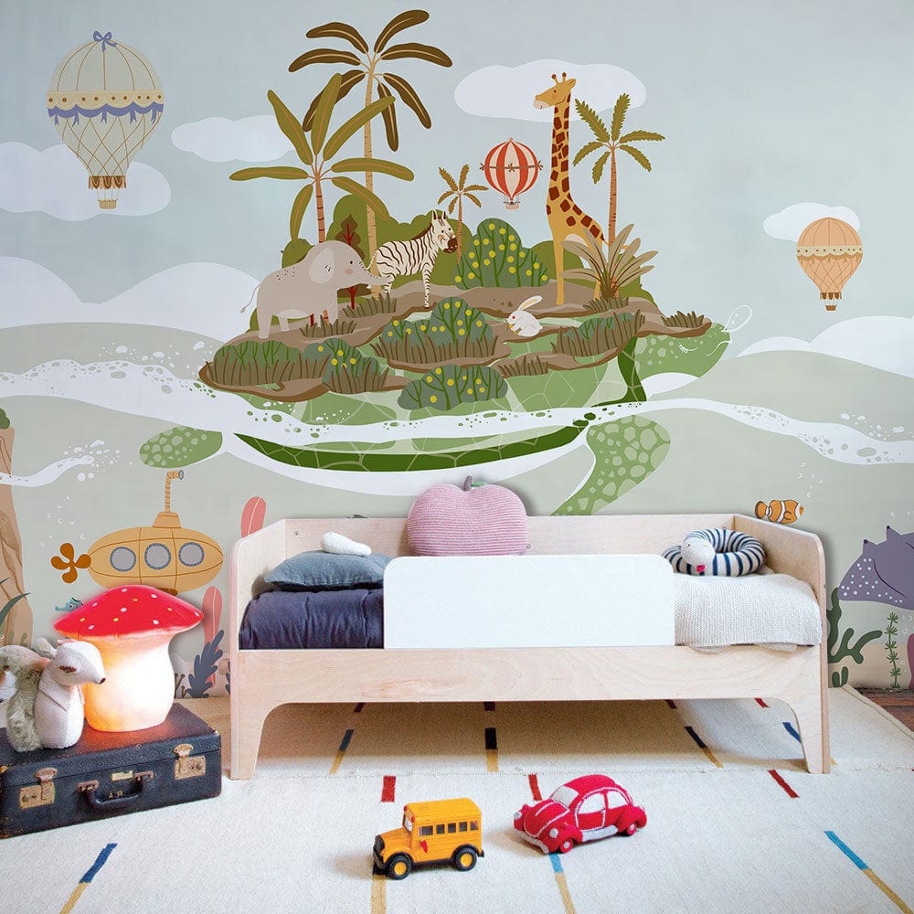 Children's room with whimsical safari mural wallpaper featuring colourful jungle animals, light wood bed, playful decor.
