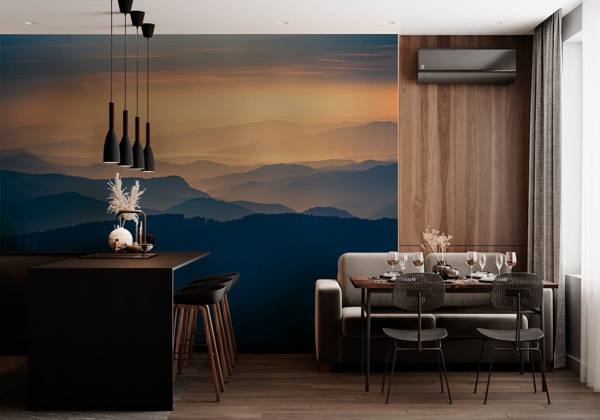 Tranquil Misty Mountains mural in modern dining setting with grey sofa, wooden panels, and dark flooring.