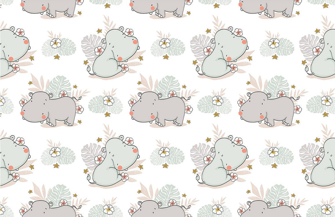 Whimsical Hippo Patterned Wallpaper with Floral and Pastel Accents for Nursery