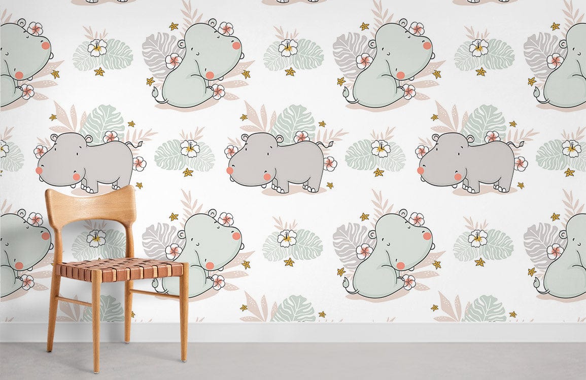 Whimsical hippo wallpaper in nursery with floral accents, wooden chair, and neutral flooring.
