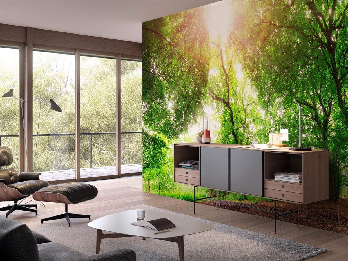 Tranquil Woodland Retreat wallpaper in modern lounge with grey sofa, wooden floor, and stylish sideboard.