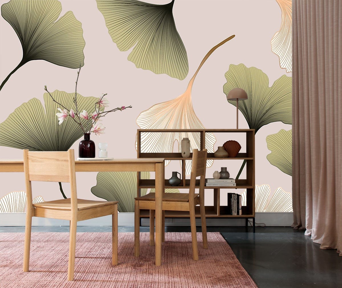 Elegant Sage Leaf Wallpaper with Modern Botanical Design in dining room, wooden furniture, pink rug.