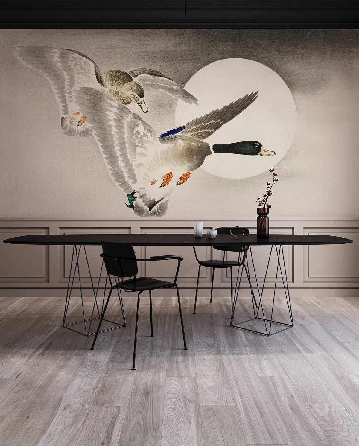 Tranquil Ducks Mural Wallpaper in dining room with wooden flooring, black table, and chairs complement.