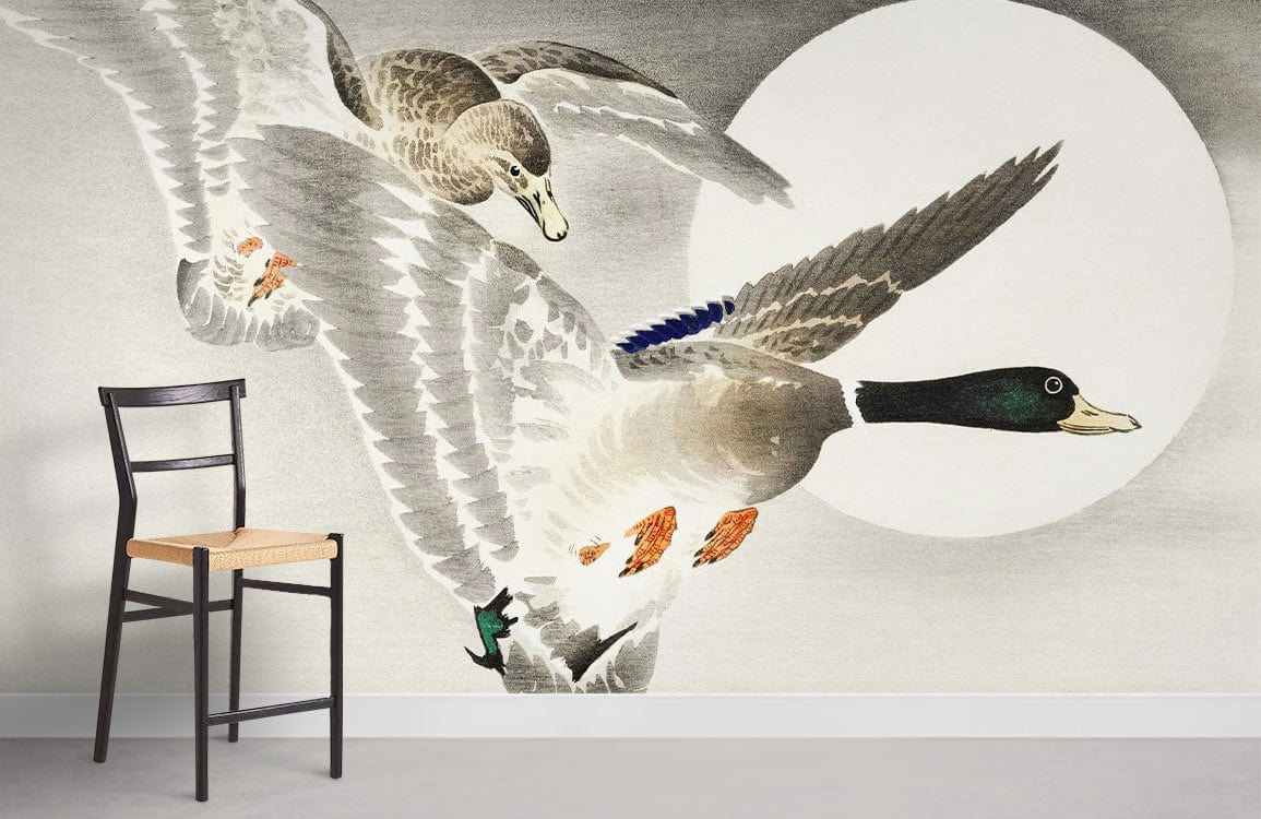 Tranquil Ducks Mural Wallpaper with moon, black chair, serene grey wall, minimalist room style.