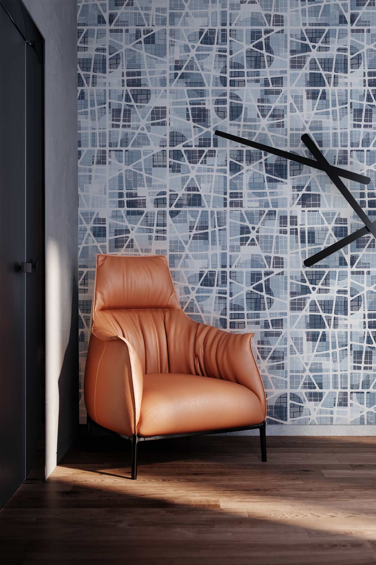 Modern geometric blue and white wallpaper, leather chair, wooden floor, contemporary wall clock, living room.