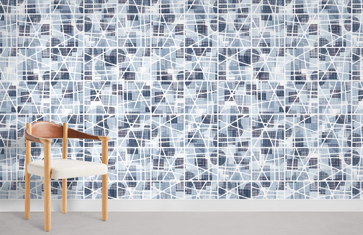 Modern geometric blue and white wallpaper with wooden chair, grey flooring in contemporary room setting.