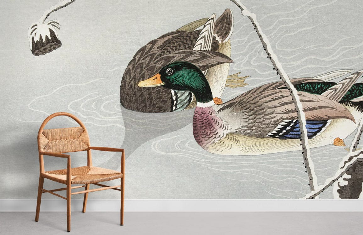 Elegant vintage duck mural wallpaper, soft tones, with wooden chair, nature theme, watercolour design.