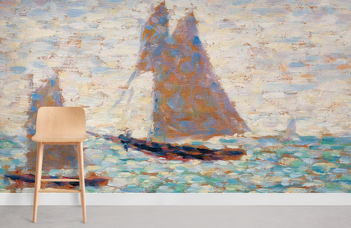Alt text: Impressionist ocean mural with sailing boats, featuring serene blue tones, light wooden chair, grey floor.