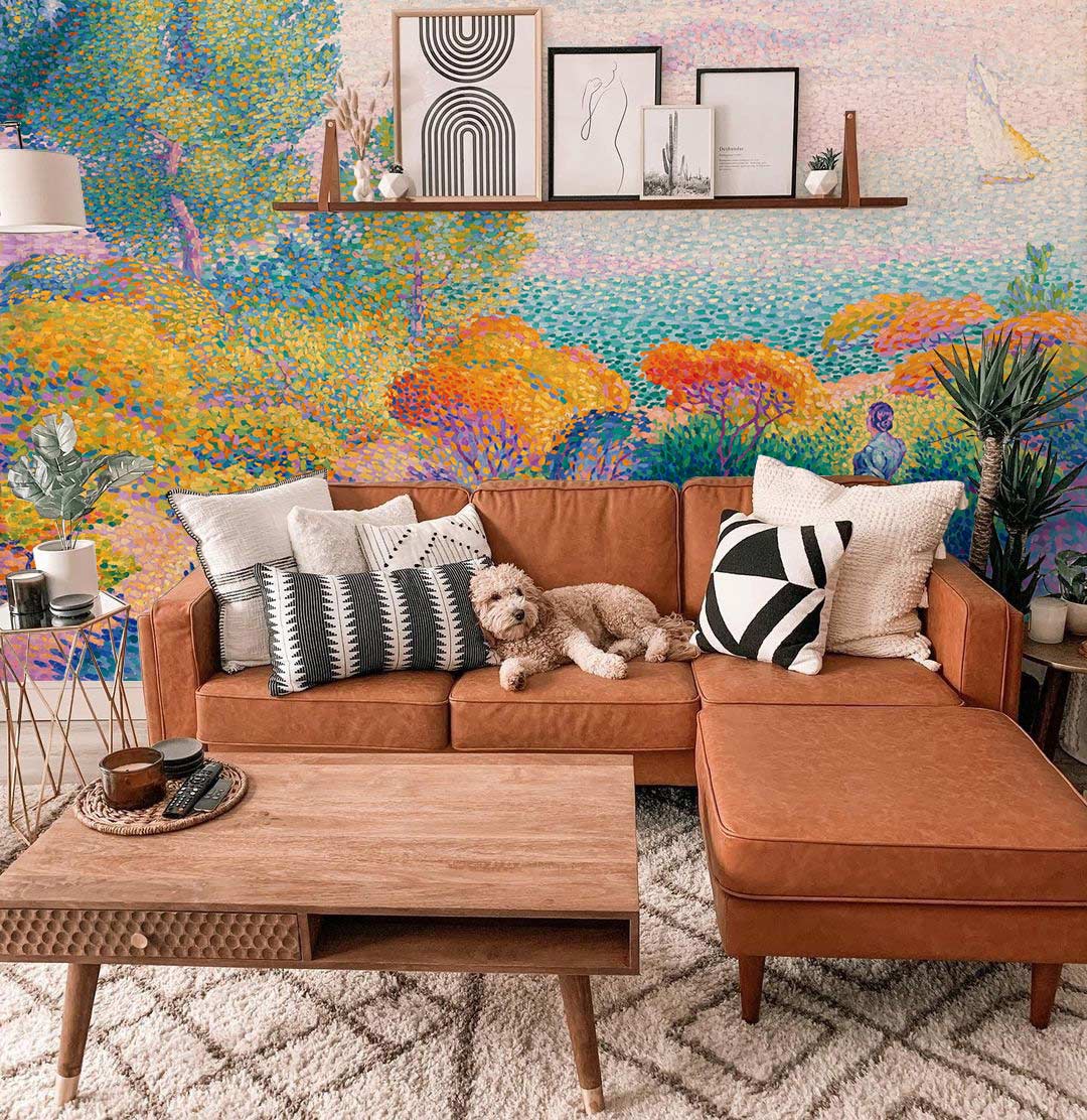 Seaside Impressionist Landscape Mural Wallpaper, leather sofa, textured rug, vibrant wall art, stylish decor.
