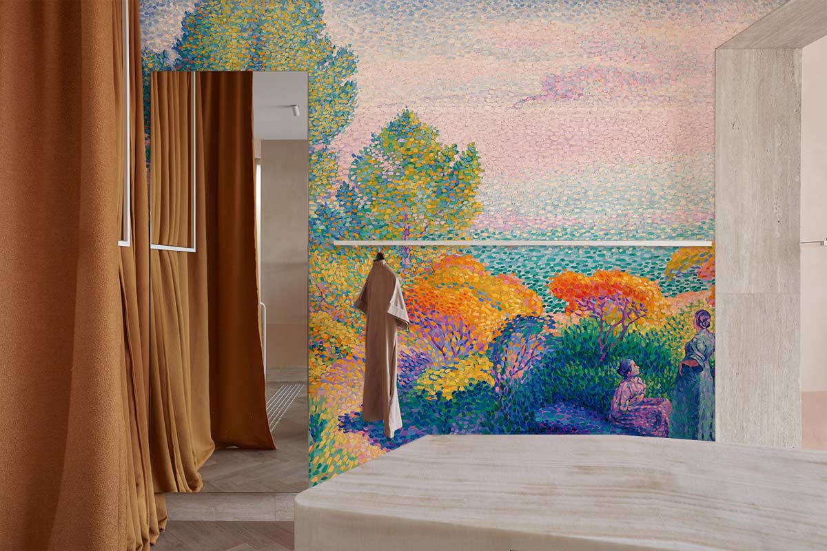 Seaside Impressionist mural wallpaper with vibrant colours, stone flooring, and earthy curtains in modern room.