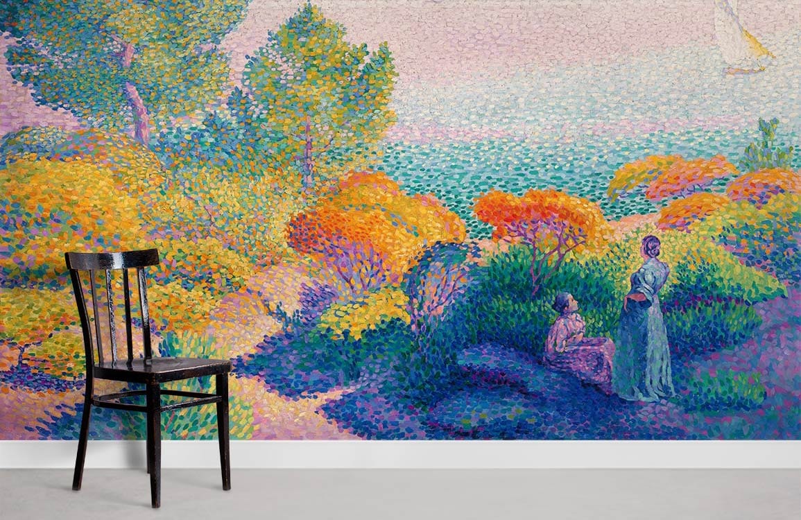 Seaside Impressionist mural wallpaper with vibrant hues, elegant black chair, and sleek grey flooring.