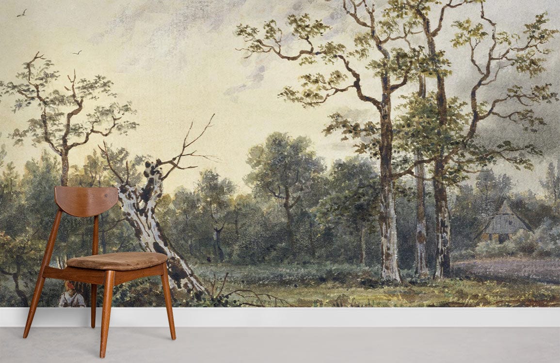 Vintage mural wallpaper with earthy tones, classic chair, neutral wall, light flooring, serene interior setting.