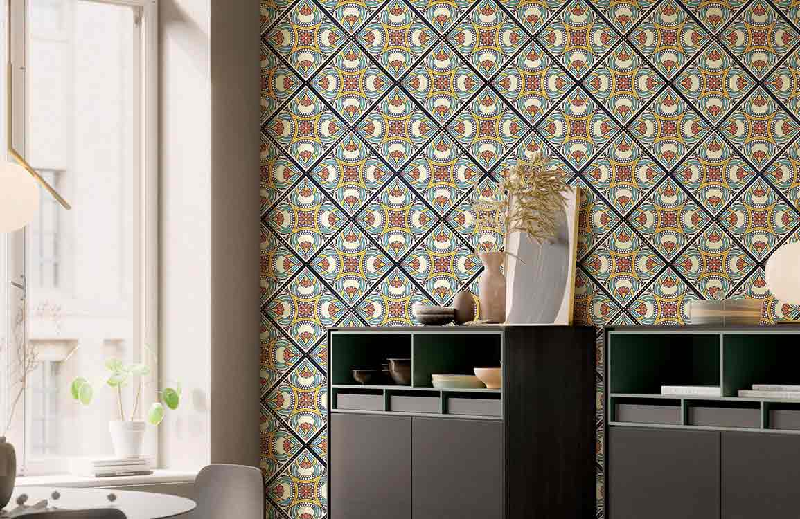 Vintage geometric tile wallpaper in earthy tones, retro style, modern cabinets, cosy dining room setting.
