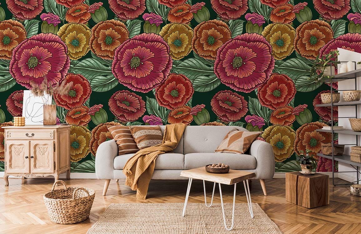 Vintage Botanical Floral Wallpaper with dark green background in cosy living room, light grey sofa.