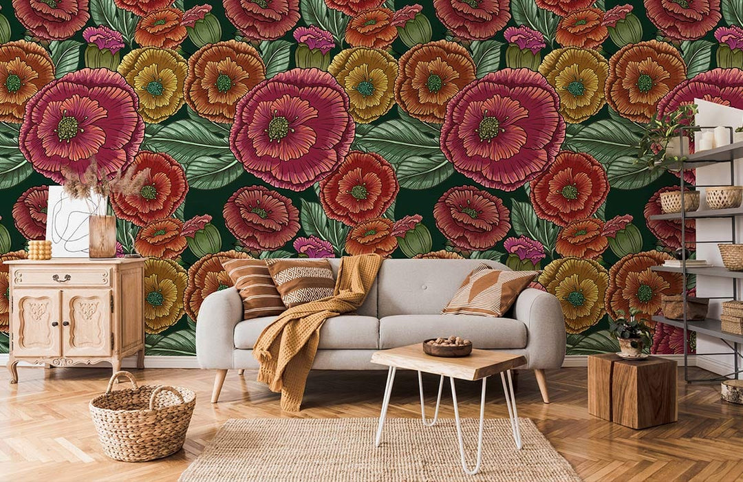 Vintage Botanical Floral Wallpaper with dark green background in cosy living room, light grey sofa.