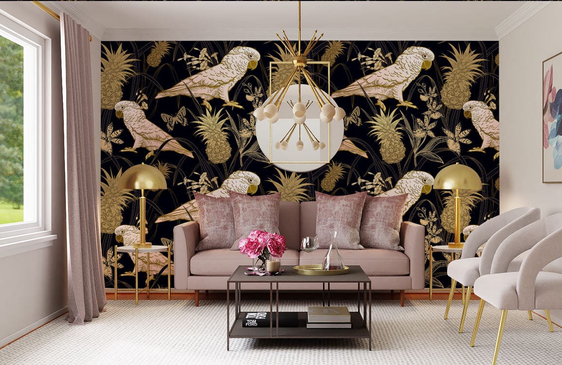 Exotic Parrot Pineapple Wallpaper in tropical room with beige sofa, grey carpet, gold accents, modern chandelier.