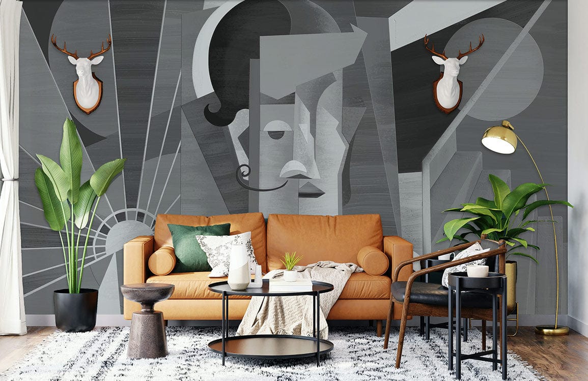 Monochrome geometric Art Deco wallpaper in modern living room with tan sofa, plants, and abstract decor.