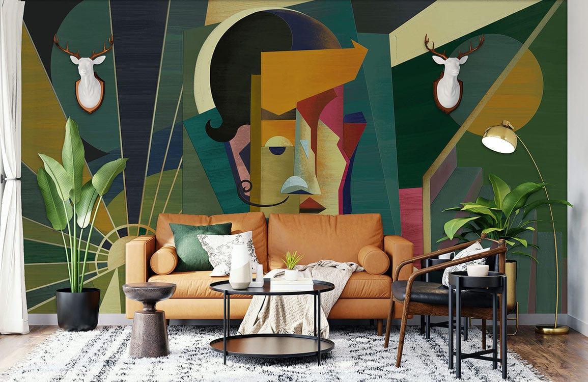 Geometric Abstract Cubism Mural Wallpaper with orange sofa, green cushions, black table, wooden flooring.