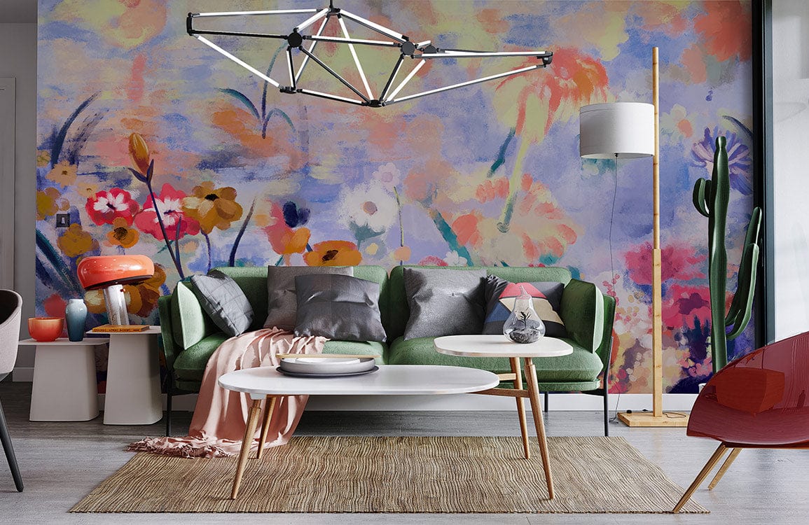 Floral Dreamscape Watercolour Mural Wallpaper with green sofa, geometric chandelier in modern living room.