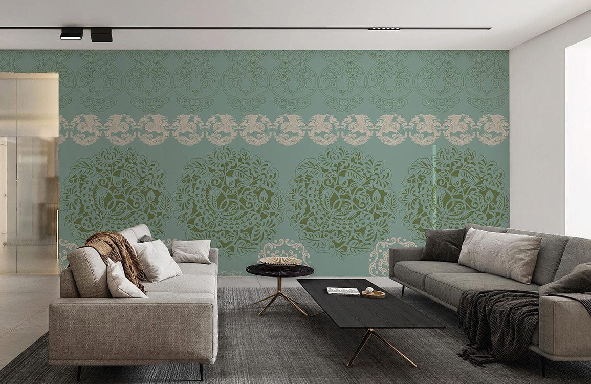 custom wallpaper mural for living room, a design of grren traditional pattern