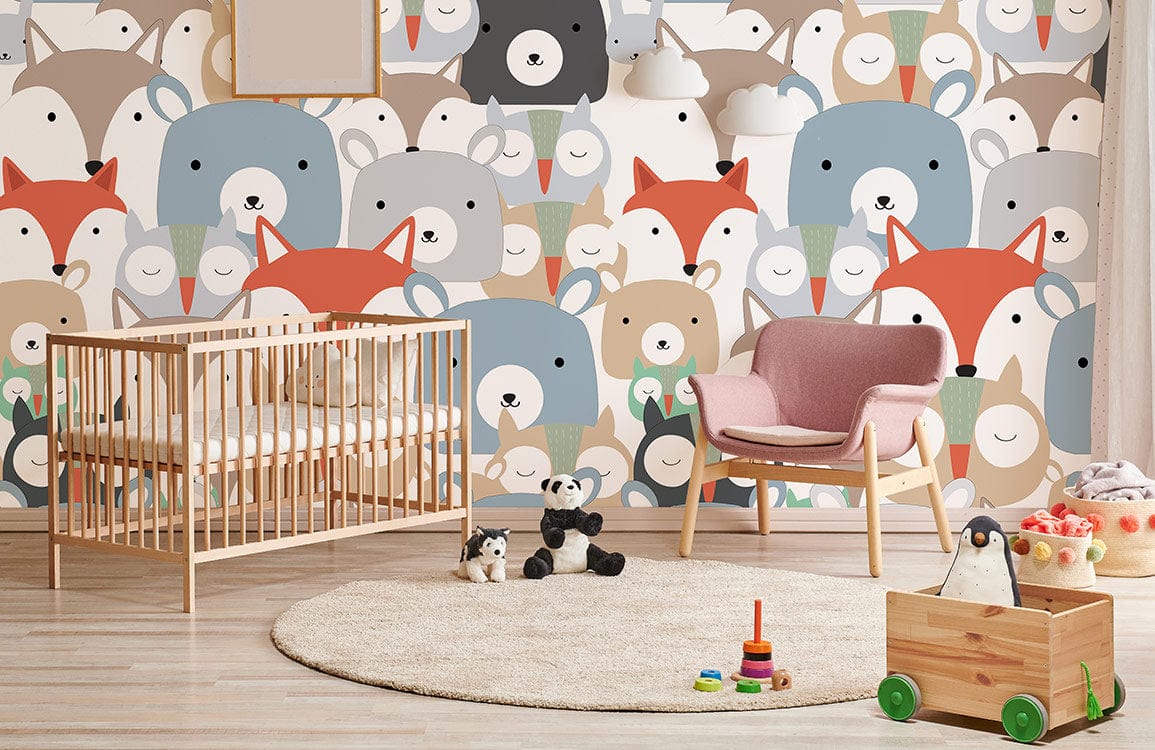custom wallpaper mural for nursery and kid's room, a design of various animals' faces pattern
