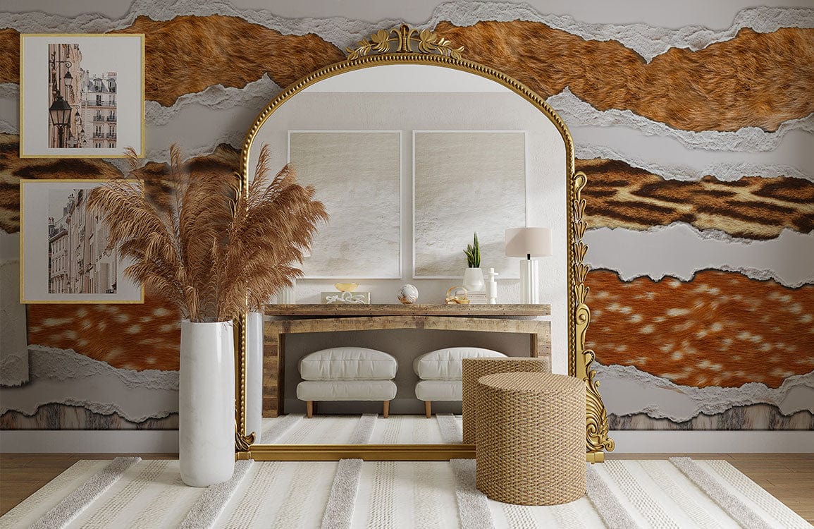 Luxury Safari Animal Print Wallpaper with Textured Fur Design in Lounge Room, Beige Rug, Wicker Stool.