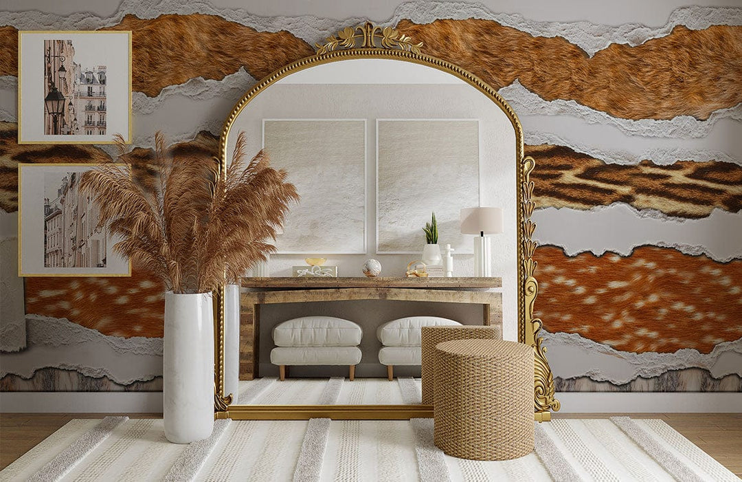 Luxury Safari Animal Print Wallpaper with Textured Fur Design in Lounge Room, Beige Rug, Wicker Stool.