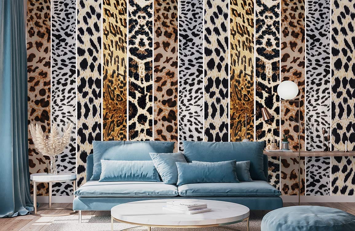 Exotic animal print wallpaper with leopard and cheetah patterns, blue sofa, wooden flooring, modern decor.